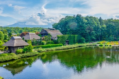 the ancient oshino hakkai village landscape with fuji mountain in the background, japan. 
