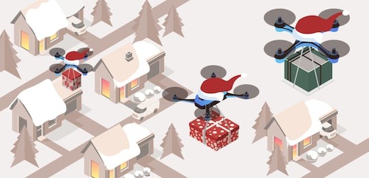 purchase and send a christmas gift . delivering by drones to doors. gifts in bright boxes. christmas sale. winter houses in town or village. isometric 3d