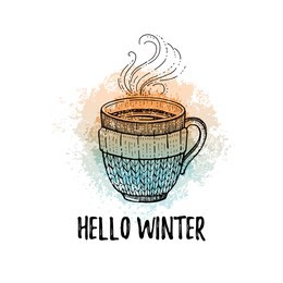 hello winter hand drawn doodle poster. hot tea/coffee/chocolate cup. cute sketch holiday concept. black line icon, watercolor grunge splash element. vector illustration isolated on white background.