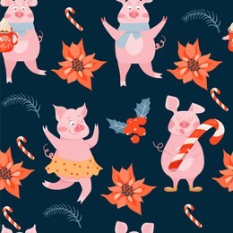 seamless christmas pattern with cute pigs, poinsettia, holly leaves and lollipop. vector illustration for textile, postcard, wrapping paper, poster, background, book, t-shirt.