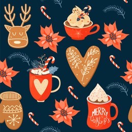 seamless christmas pattern with cacao drink, ginger cookie, poinsettia and lollipop. vector illustration for textile, postcard, wrapping paper, poster, background, book, t-shirt.