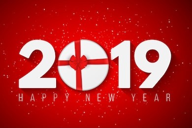 happy new year 2019. festive cover for your project. gift round box with ribbon and bow. snow dust on a red background. paper numbers with christmas gift. vector illustration. eps 10