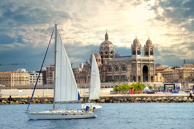 beautiful view of seafront and cathedral de la major in marseille. france