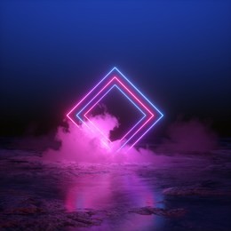 3d render, abstract background, square portal, neon lights, virtual reality, glowing lines, pink blue, ultraviolet spectrum, laser show, smoke, fog, terrain, ground