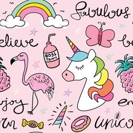 cartoon drawings of unicorn, butterfly, flamingo seamless repeating pattern texture background / vector illustration design for fashion fabrics, textile graphics, prints, wallpapers and etc