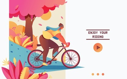 vector landing page concept with young woman cycling a bike. pastel colors, horizontal composition, blue road. flat illustration.