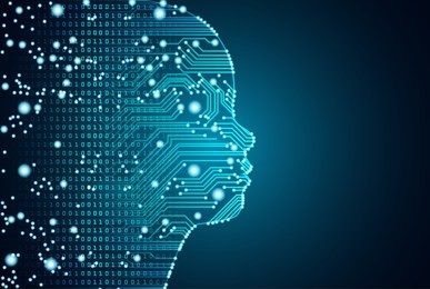 big data and artificial intelligence concept. machine learning and cyber mind education concept in form of child face outline with circuit board and binary data flow on blue background.