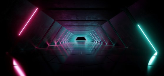 modern futuristic empty sci-fi night scene retro alienship triangle shaped corridor with purple and blue glowing neon lights with hexagonal floor 3d rendering illustration