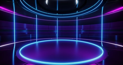 modern alien futuristic sci fi retro round empty stage hi-tech room with purple and blue neon light tubes glowing presenting concept technology 3d rendering  illustration
