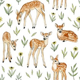 watercolor hand painted cute deer with wild flowers. seamless pattern on a white backdrop.