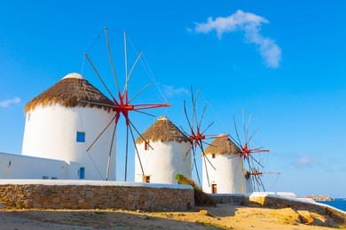 greece mykonos windmills with blue sky in mykonos island greece cyclades