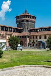 sforza castle in milan, northern italy, watchtower, old brick wall, tower