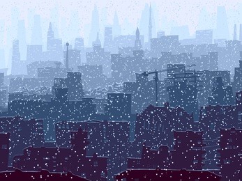 vector abstract illustration of big city with snowy roofs, windows and skyscrapers in winter.