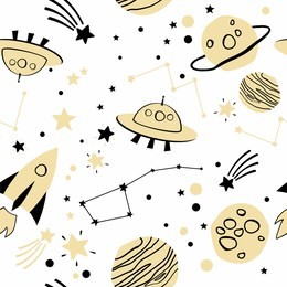 seamless space pattern with  gold spaceship, rocket, stars and planets