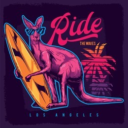 original vector illustration in neon style. kangaroo surfing in paws on the beach.