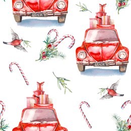 watercolor christmas vintage seamless pattern. hand painted repeating design with vintage cars, candy, mistletoe and bullfinch. winter holiday wallpaper