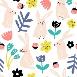 seamless childish pattern with pink bunny, flowers, lady birds . creative scandinavian kids texture for fabric, wrapping, textile, wallpaper, apparel. vector illustration
