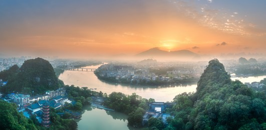 arial view of guilin, li river and karst mountains yangshuo and xingping, guangxi province, china