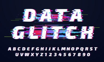 glitch font. digital glitched alphabet, game screen letters and broken old display lettering or distortion stylized tv vhs digital bug letter. alphabet and numbers grunge vector isolated symbols set