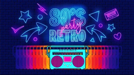 80s, retro music party banner or cover. old style vector poster. disco fluorescent neon style for eighties party. 1980 radio cassette player. fashion background easy editable template