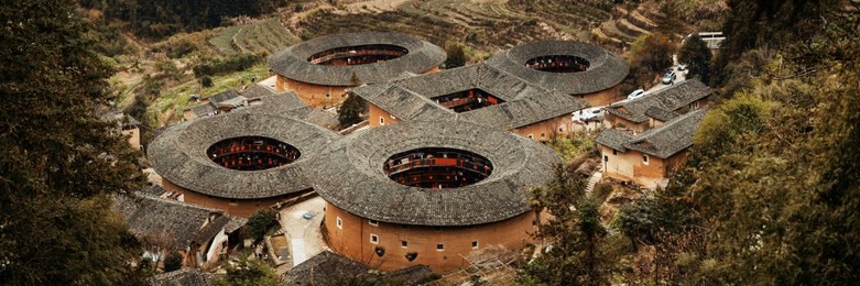 aerial panorama view of tulou, the unique dwellings of hakka in fujian, china.