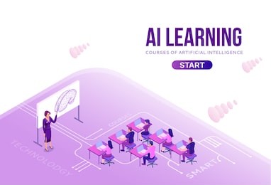 artificial intelligence lerning courses concept with isometric people, 3d illustration with ai, modern concept of online learning, landing page background