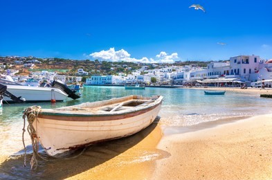 mykonos port with boats, cyclades islands, greece