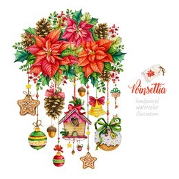 happy new year. merry christmas. poinsettia. christmas toys. christmas decoration.
watercolor handpainted illustration