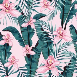 tropic summer painting seamless pattern with palm banana leaf and plants. floral jungle pink orchid flowers. trendy bunch exotic flower wallpaper on pink background.