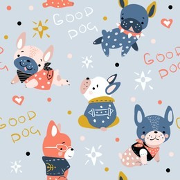 cute seamless pattern with dogs and slogan. vector baby design for fashion apparels, fabric, textile; wrapping and wallpaper.