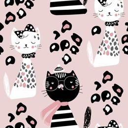 creative kids seamless pattern with cute kitten. vector baby design for fashion apparels, fabric, textile; wrapping and wallpaper.