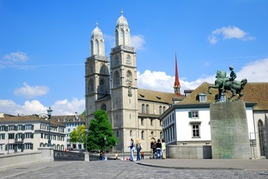 zurich city - switzerland. grossmünster (romanesque cathedral) in zurich.