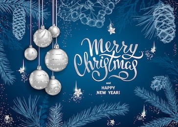 merry christmas and happy new year card with realistic silver balls, stars, sequins. sketch of different branches of fir tree, cedar, pine, hawthorn and cones on blue background. elegant lettering