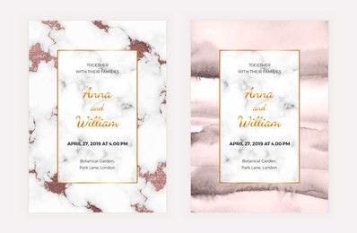 marble wedding invitation card with rose gold foil and watercolor texture. modern design template for celebration, banner, save the date, poster, flyer
