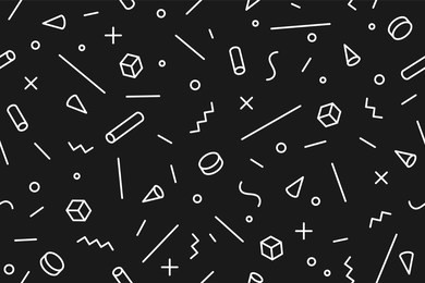 geometric memphis pattern. seamless graphic pattern 80s-90s trendy styles, black background. black white pattern with different shapes objects for wrapping paper, background. vector illustration
