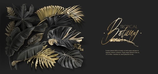 vector horizontal banner with black and gold tropical leaves on dark background. luxury exotic botanical design for cosmetics, spa, perfume, aroma, beauty salon. best as wedding invitation card