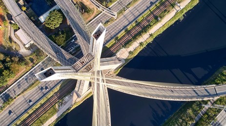 aerial view of  cable-stayed bridge at sao paulo city. brazil. aerial view of marginal pinheiros, pinheiros river in sao paulo city. estaiada bridge in sao paulo city.