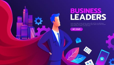 young man in a business suit and red cape superhero standing in a confident pose with his arms on wrist. business concept of leadership and success. flat vector illustration.