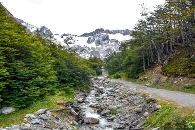 waterfall in martial glacier in ushuaia . detail of the little river