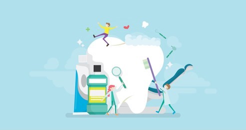 modern dental cleanness treatment program tiny people character concept vector illustration, suitable for wallpaper, banner, background, card, book illustration, and web landing page