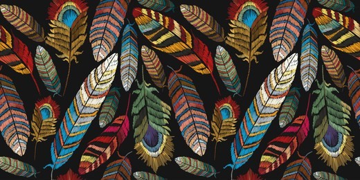feathers embroidery seamless pattern. beautiful tropical peacock feathers embroidery, template textiles, t-shirt design