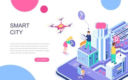 modern flat design isometric concept of smart city for banner and website. isometric landing page template. business center with skyscrapers, streets of the city connected roads. vector illustration.