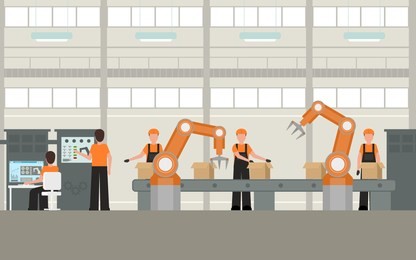 cartoon color smart factory inside interior concept with worker and robot element flat design style. vector illustration