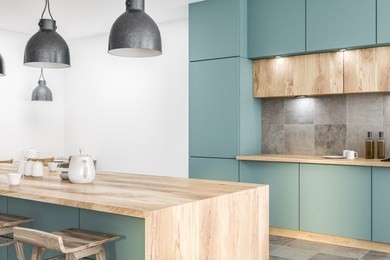 green kitchen corner with bar close up