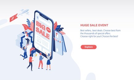 scene with joyful customers or buyers standing in front of giant smartphone with big sale text on screen. online shopping, internet retail. modern colored vector illustration in isometric style.