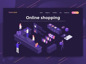 modern flat design isometric concept of online shopping for website and mobile website. landing page template, dark theme. easy to edit and customize. vector illustration