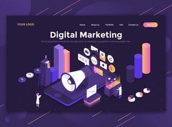 modern flat design isometric concept of digital marketing for website and mobile website. landing page template, dark theme. easy to edit and customize. vector illustration