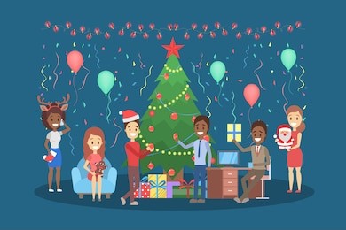 people have fun on the office christmas party set. party in happy company of colleagues. new year celebration on the work. vector illustration in cartoon style