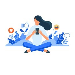 girl sitting and holding mobile phone among plants with social media icons. flat style vector illustration concept for digital marketing, engaging with followers, growing popularity in social network