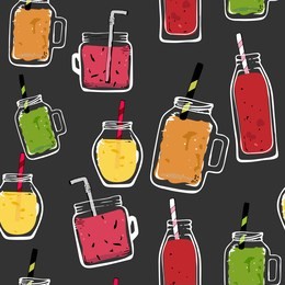 vector organic fruits seamless pattern cocktail. glass bottle jar,isolated. delicious vegan drinks, tasty juices , smoothies made of berries, fruits, vegetables. wrapping paper, print, wallpaper.